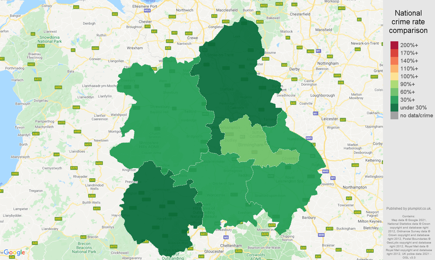 West Midlands theft from the person crime rate comparison map