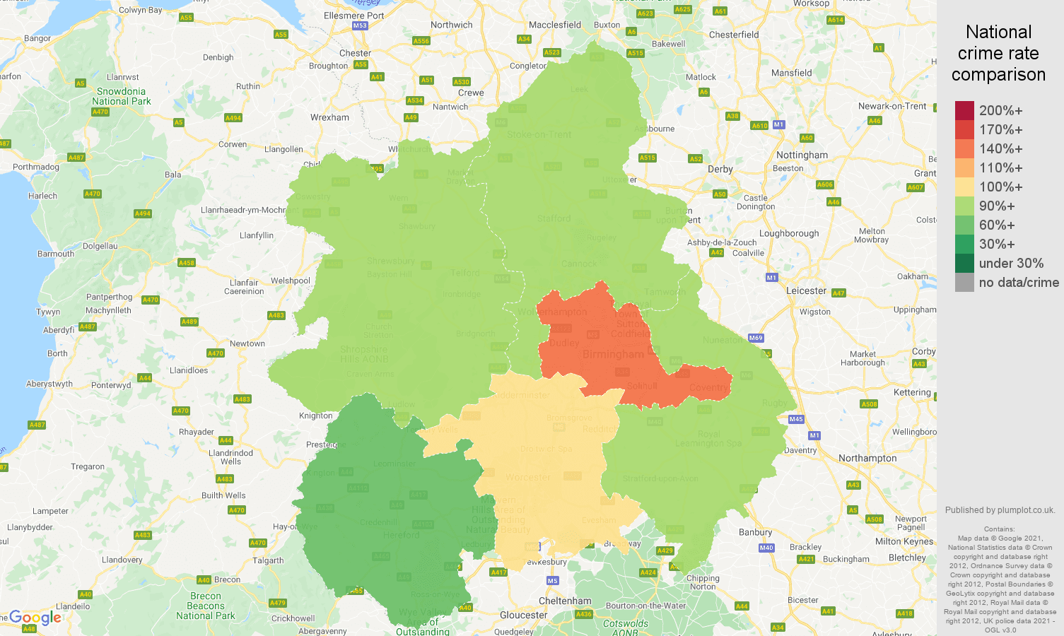 West Midlands violent crime rate comparison map