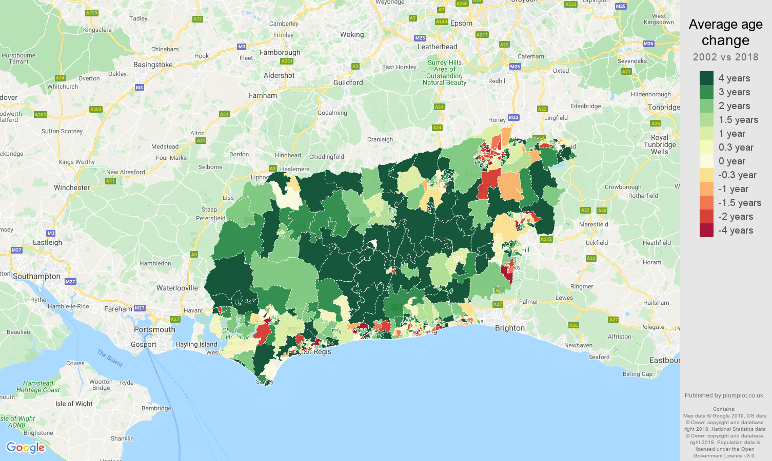 West Sussex average age change map