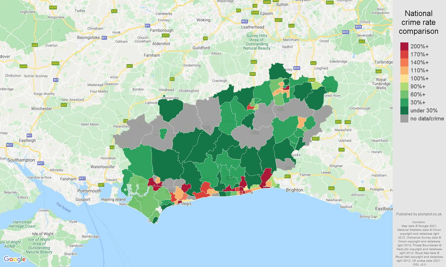 West Sussex bicycle theft crime rate comparison map