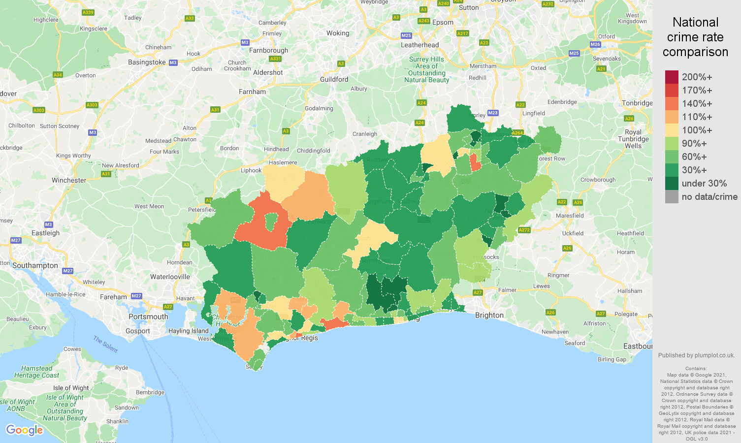 West Sussex burglary crime rate comparison map