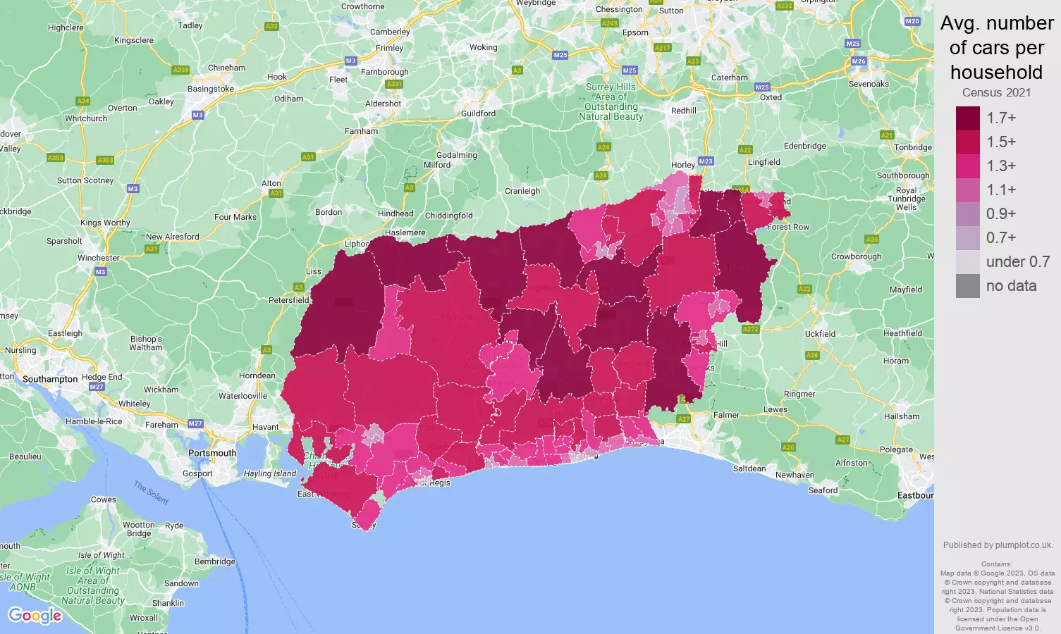 West Sussex cars per household map