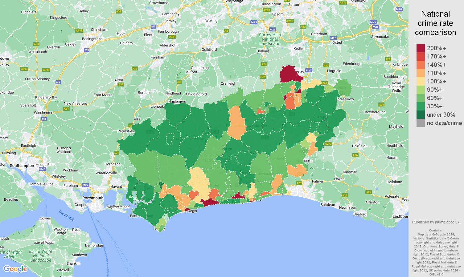 West Sussex crime rate comparison map