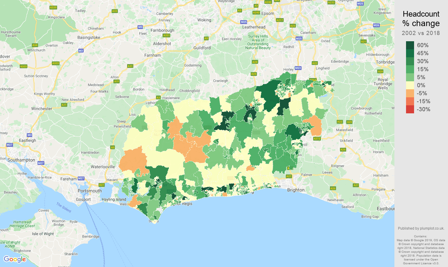 West Sussex headcount change map