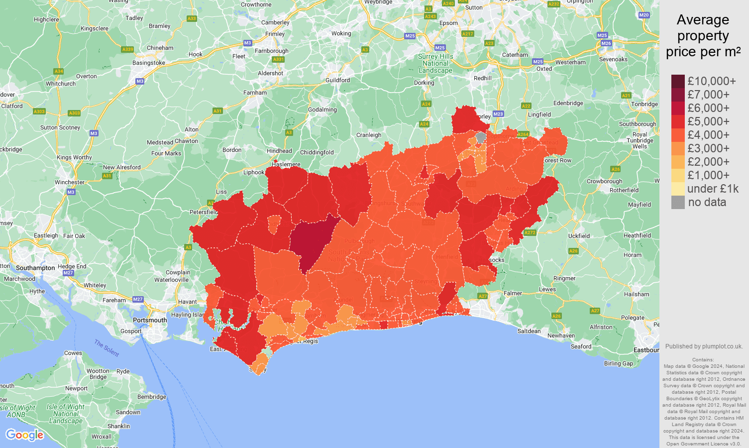 West Sussex house prices per square metre map