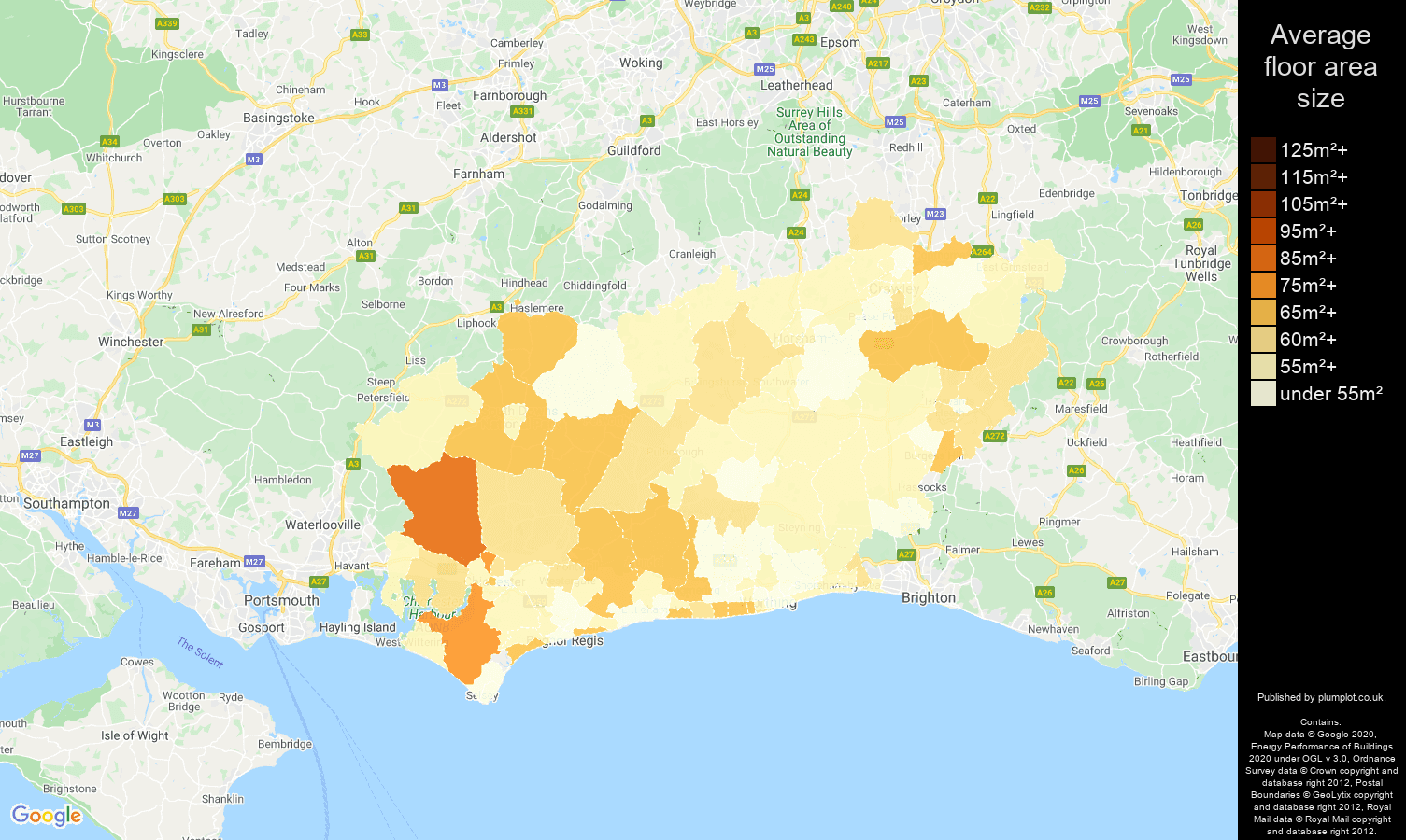 West Sussex map of average floor area size of flats