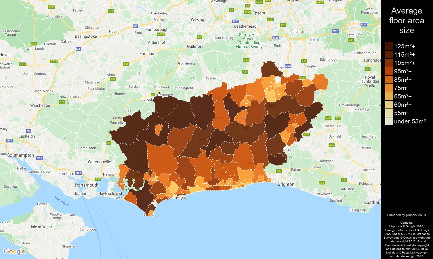 West Sussex map of average floor area size of properties