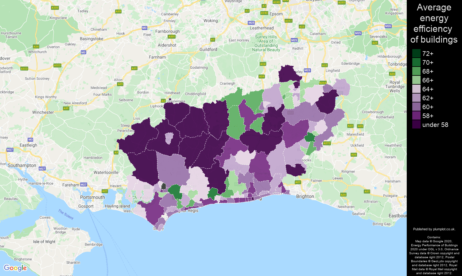 West Sussex map of energy efficiency of houses