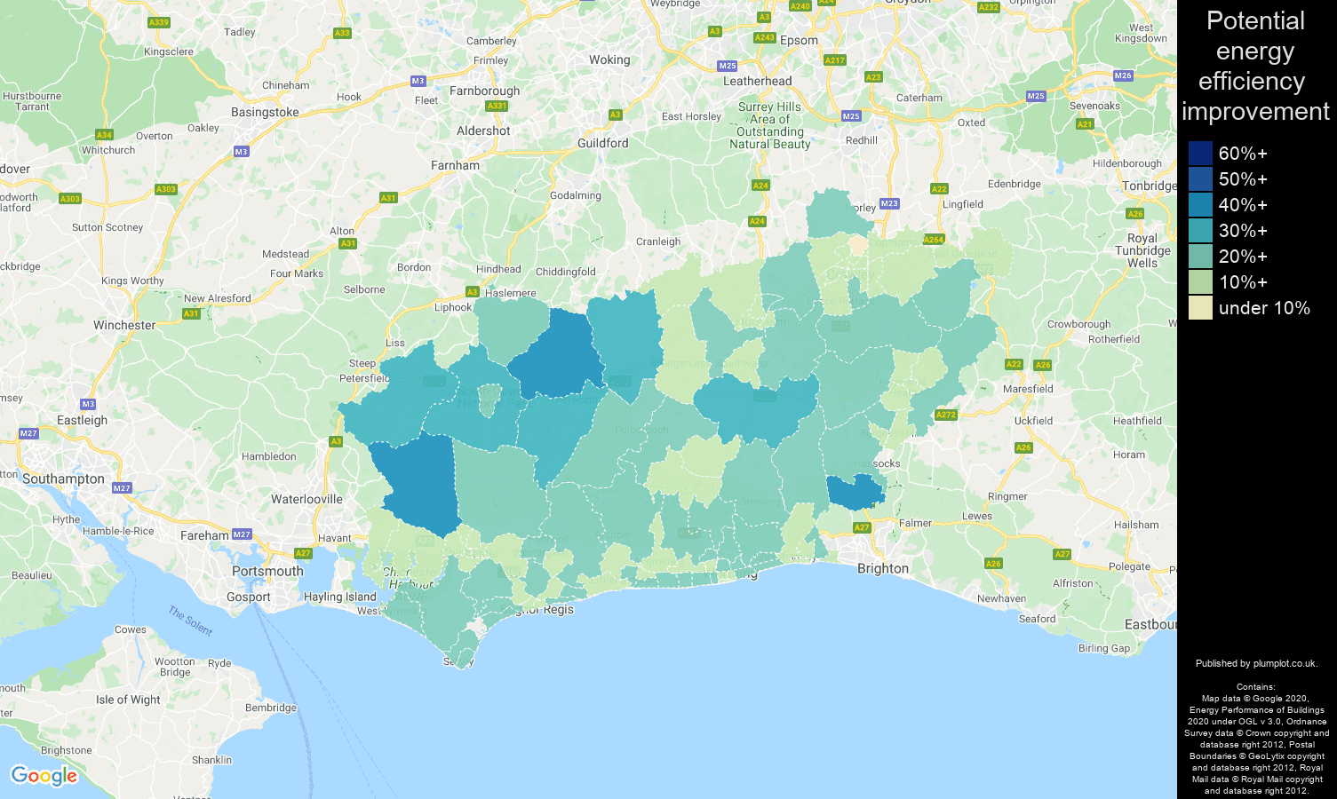 West Sussex map of potential energy efficiency improvement of properties