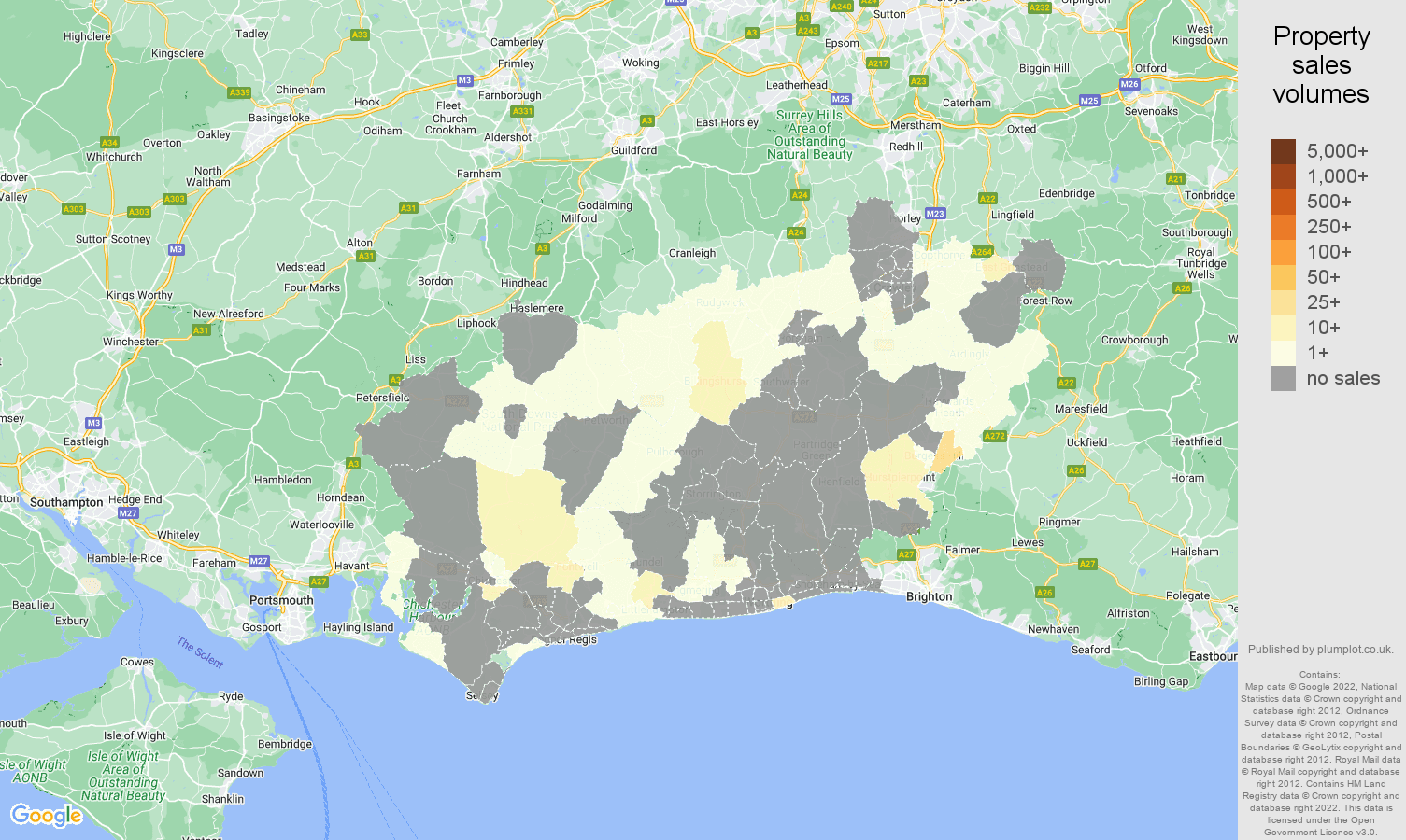 West Sussex map of sales of new properties