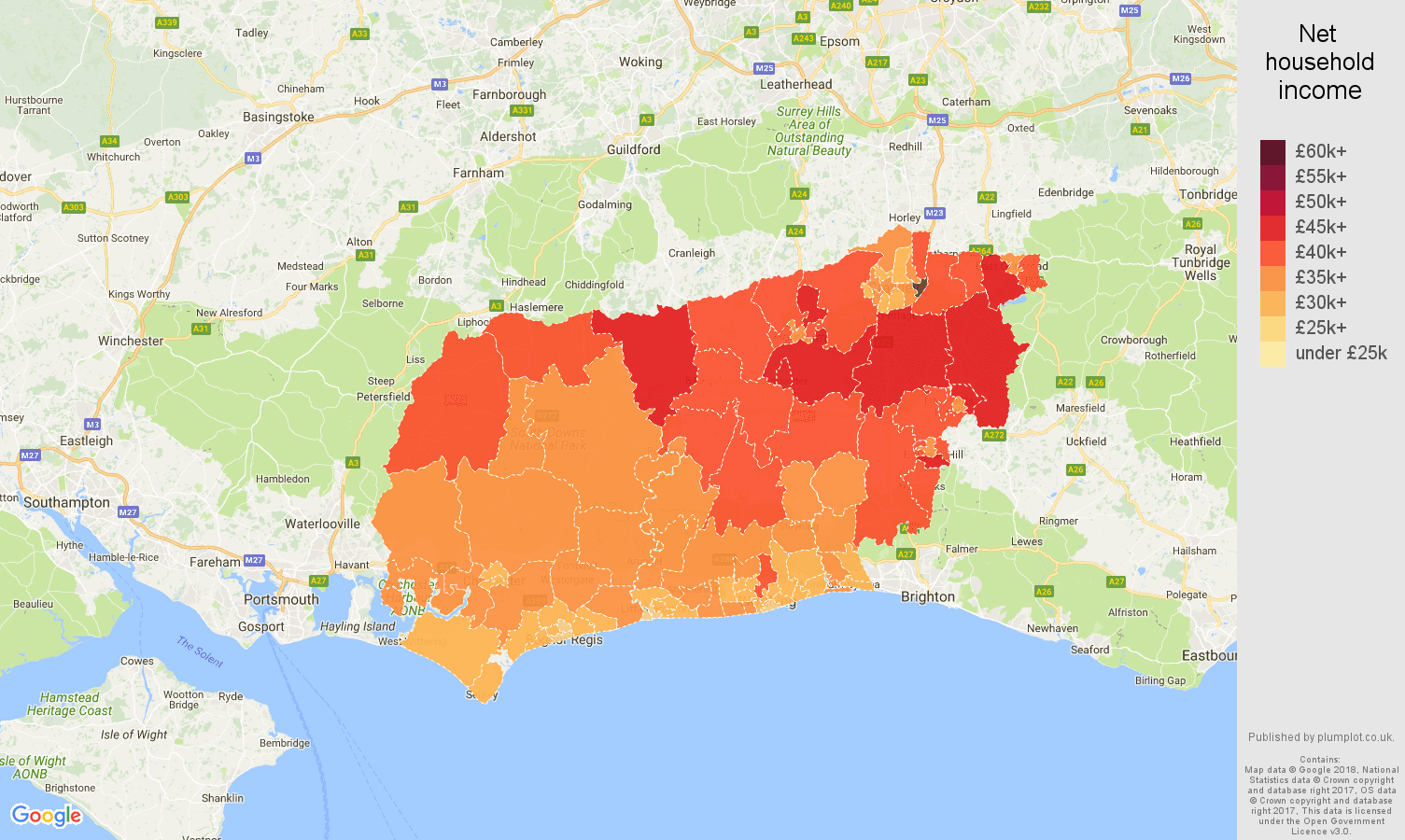 West Sussex net household income map