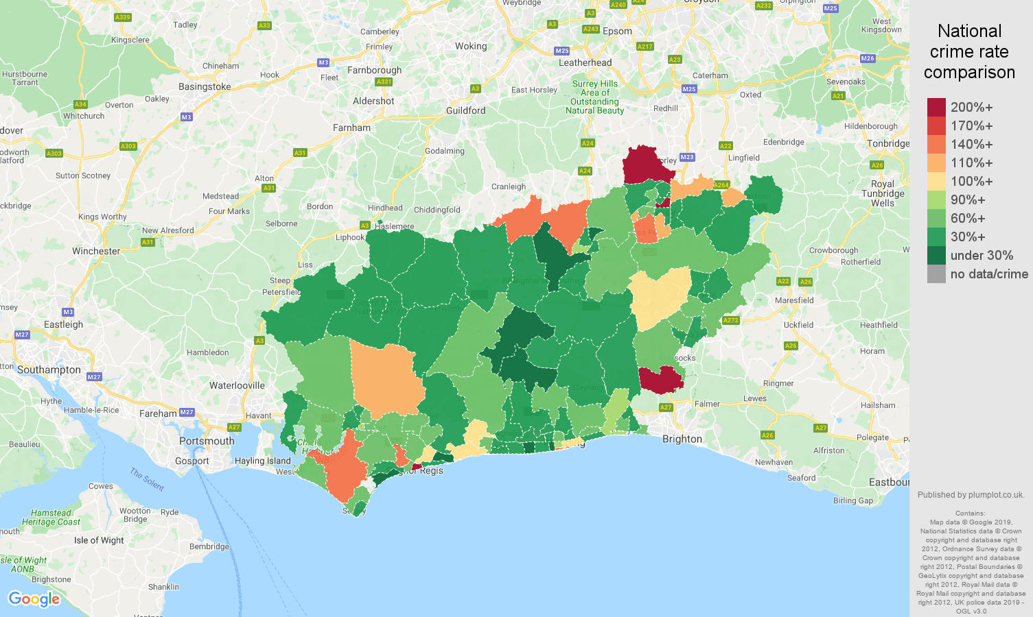 West Sussex other theft crime rate comparison map