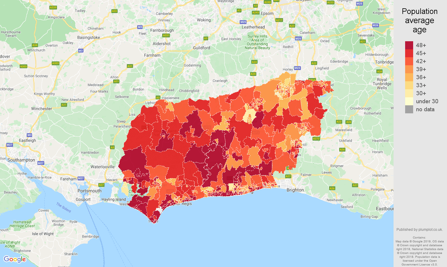 West Sussex population average age map