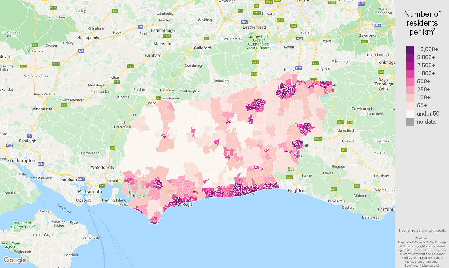 West Sussex population density map