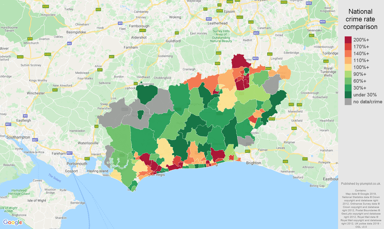 West Sussex possession of weapons crime rate comparison map