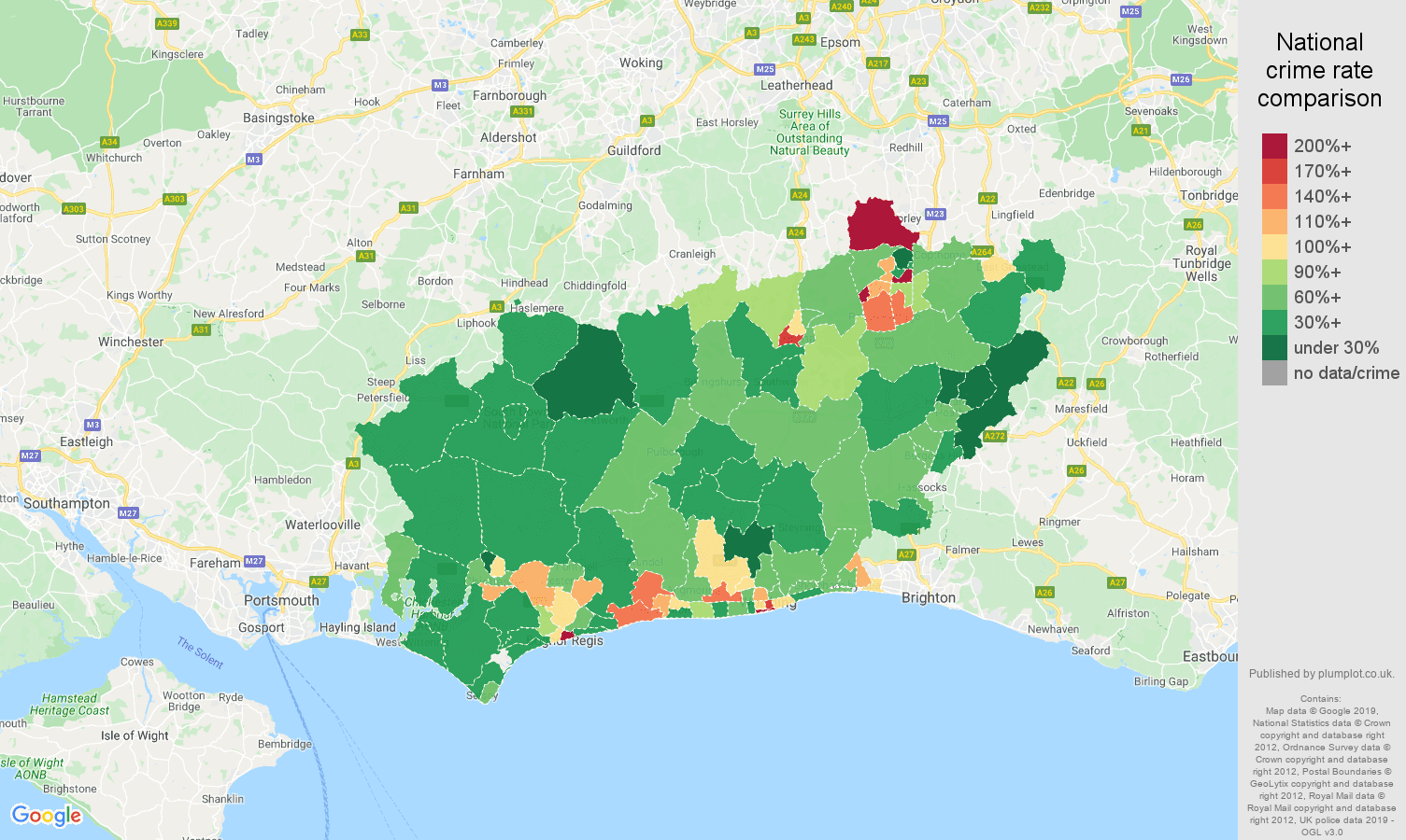 West Sussex public order crime rate comparison map
