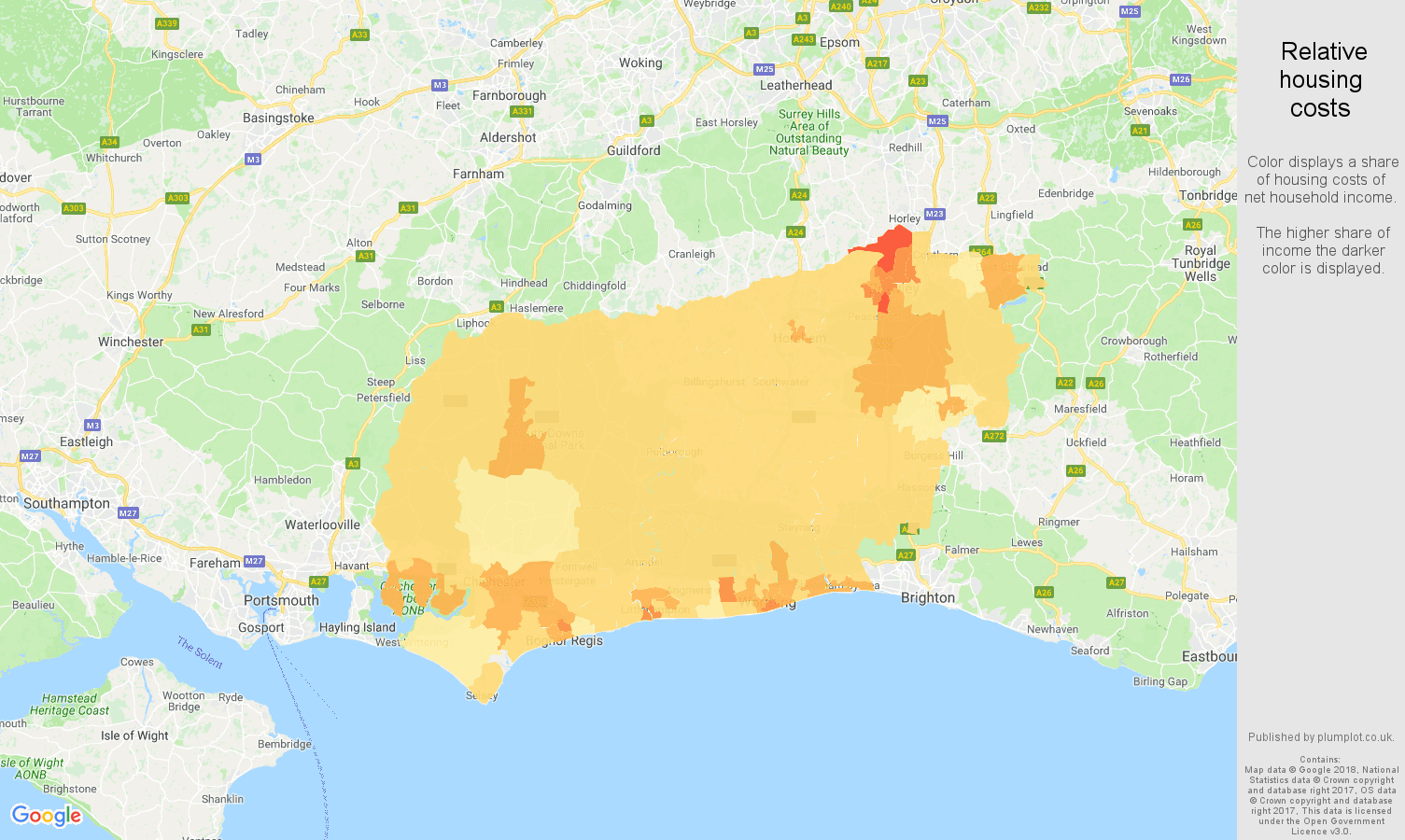 West Sussex relative housing costs map