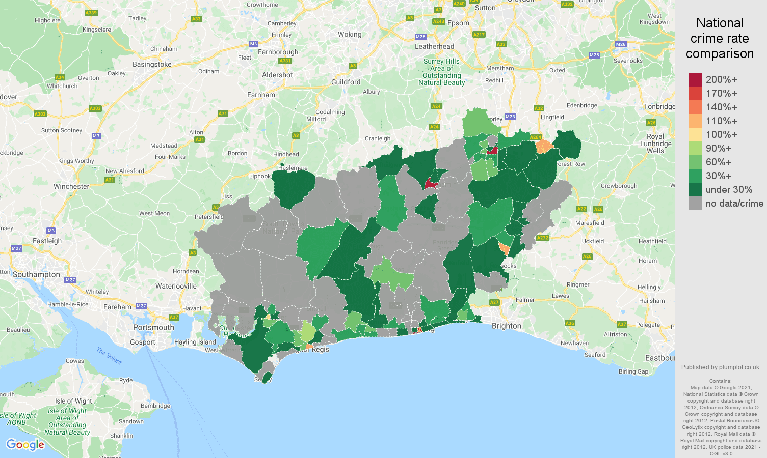 West Sussex theft from the person crime rate comparison map