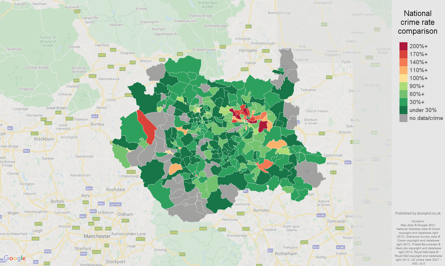 West Yorkshire bicycle theft crime rate comparison map