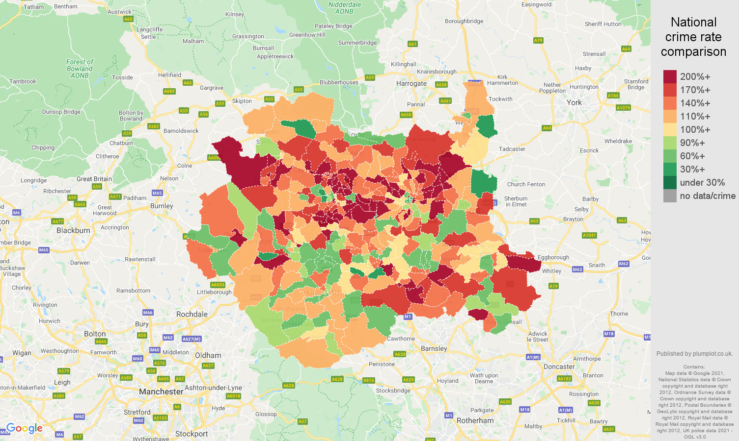 West Yorkshire burglary crime rate comparison map