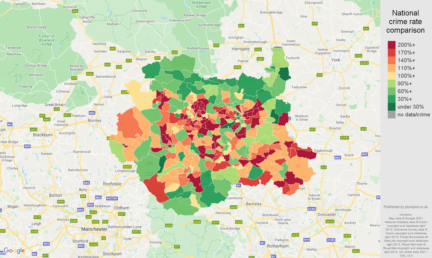 West Yorkshire criminal damage and arson crime rate comparison map