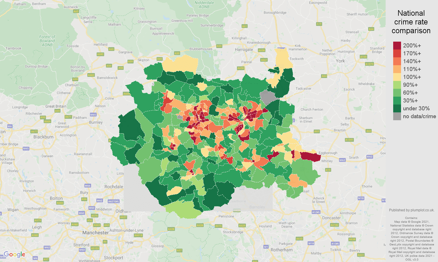 West Yorkshire drugs crime rate comparison map