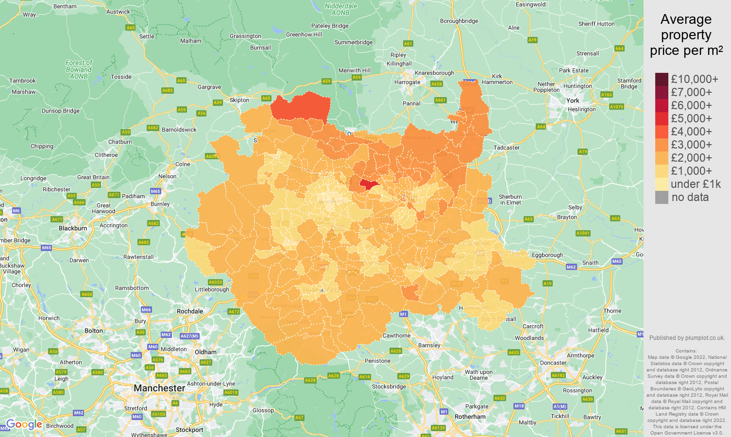 West Yorkshire house prices per square metre map