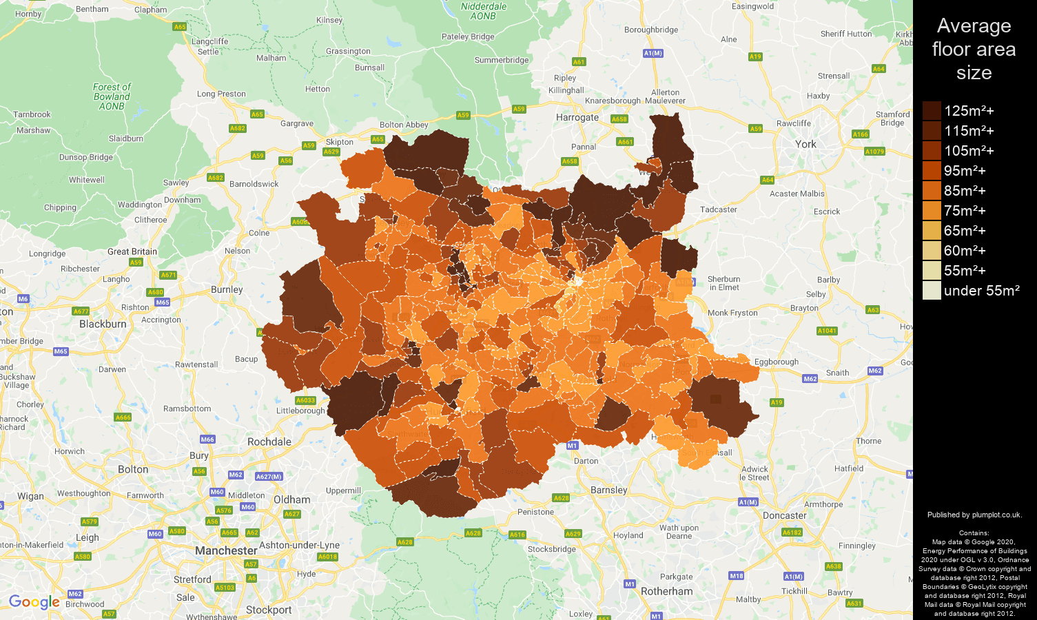 West Yorkshire map of average floor area size of houses