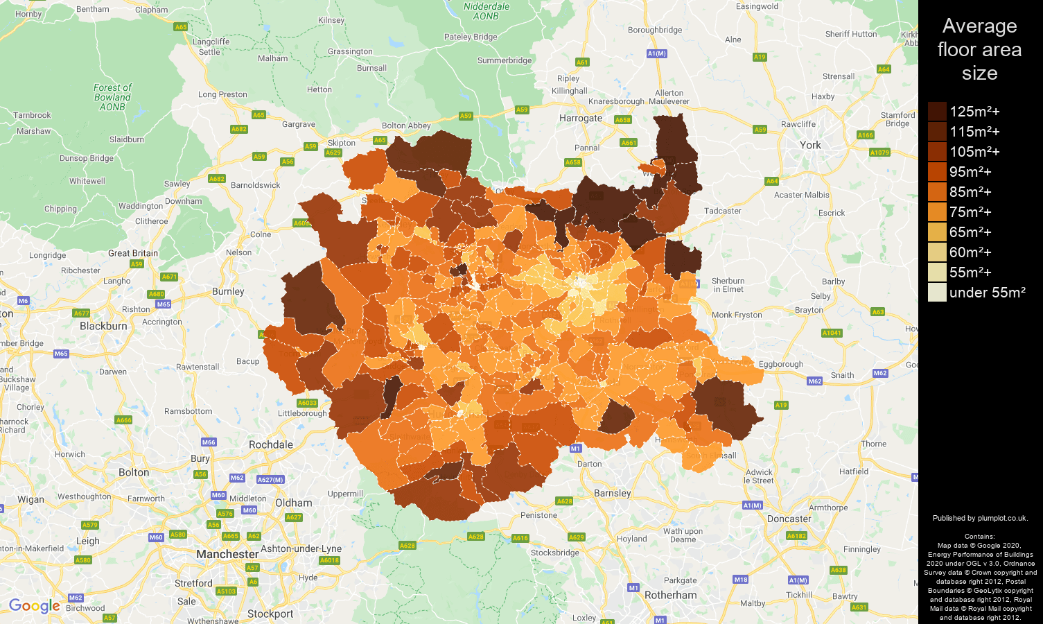 West Yorkshire map of average floor area size of properties