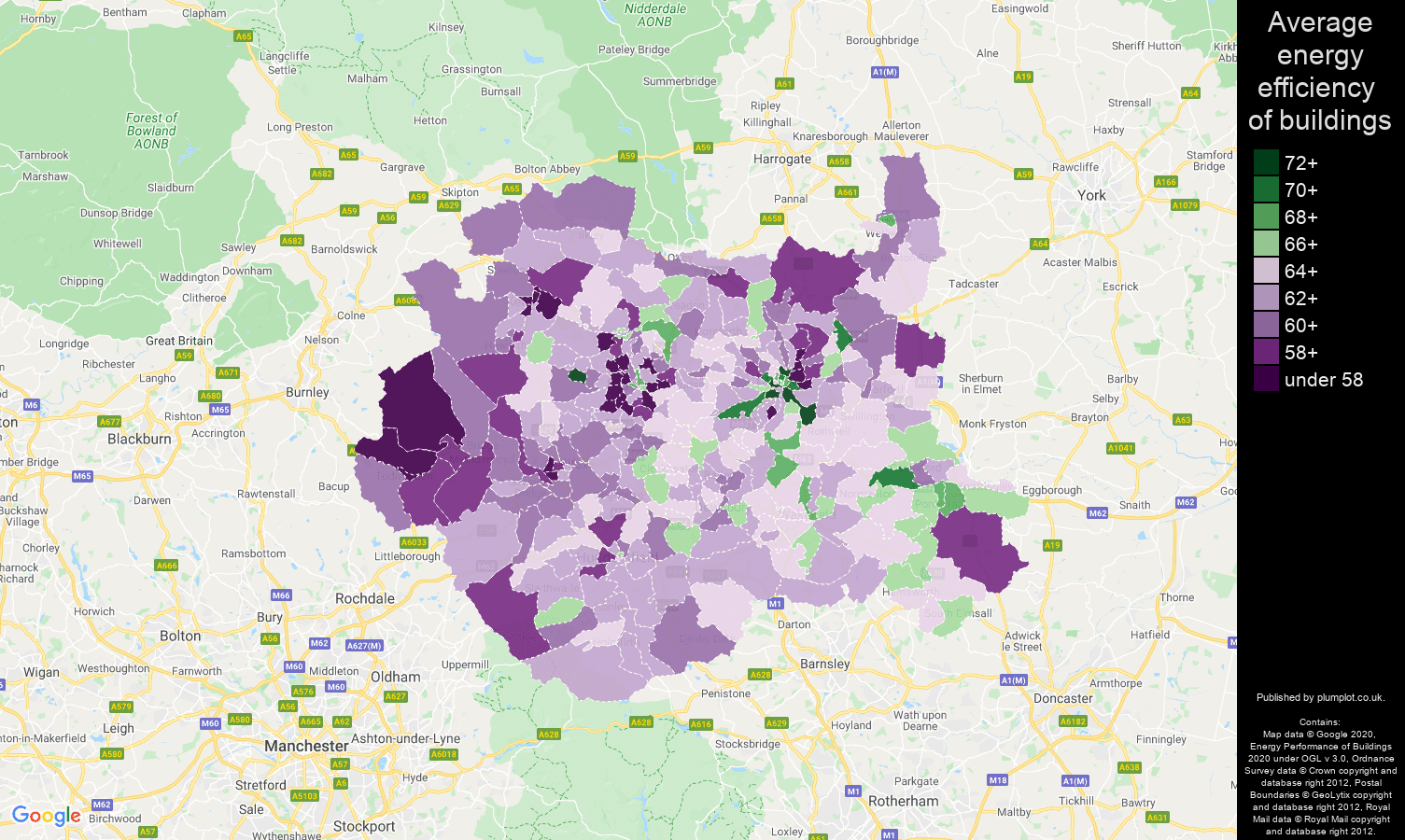 West Yorkshire map of energy efficiency of properties