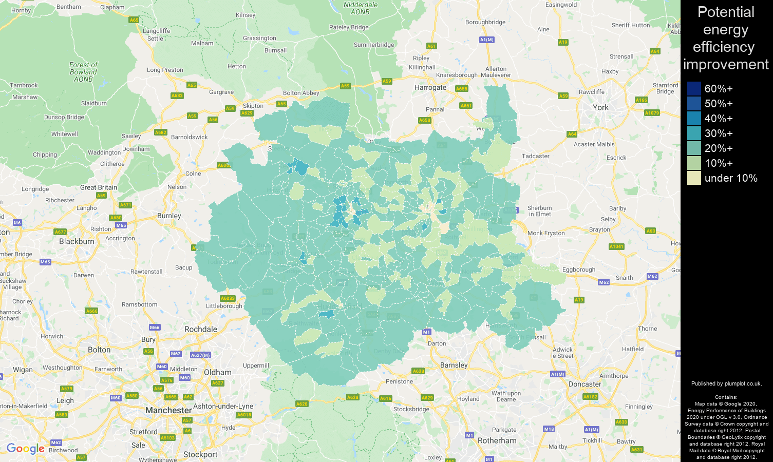 West Yorkshire map of potential energy efficiency improvement of properties