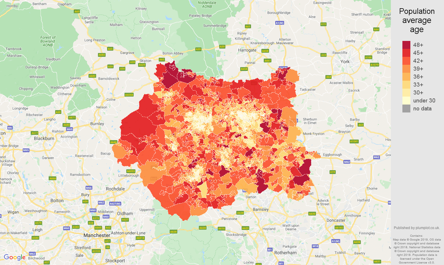 West Yorkshire population average age map