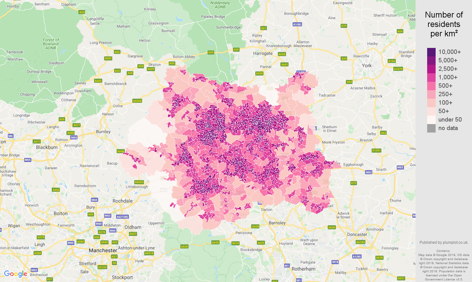 West Yorkshire population density map