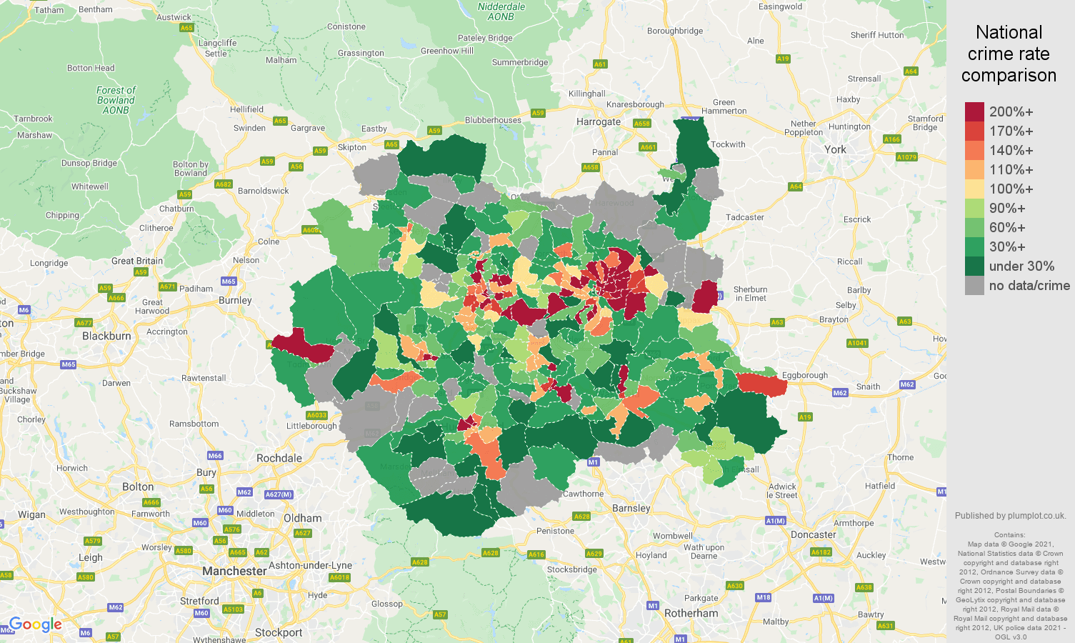West Yorkshire robbery crime rate comparison map