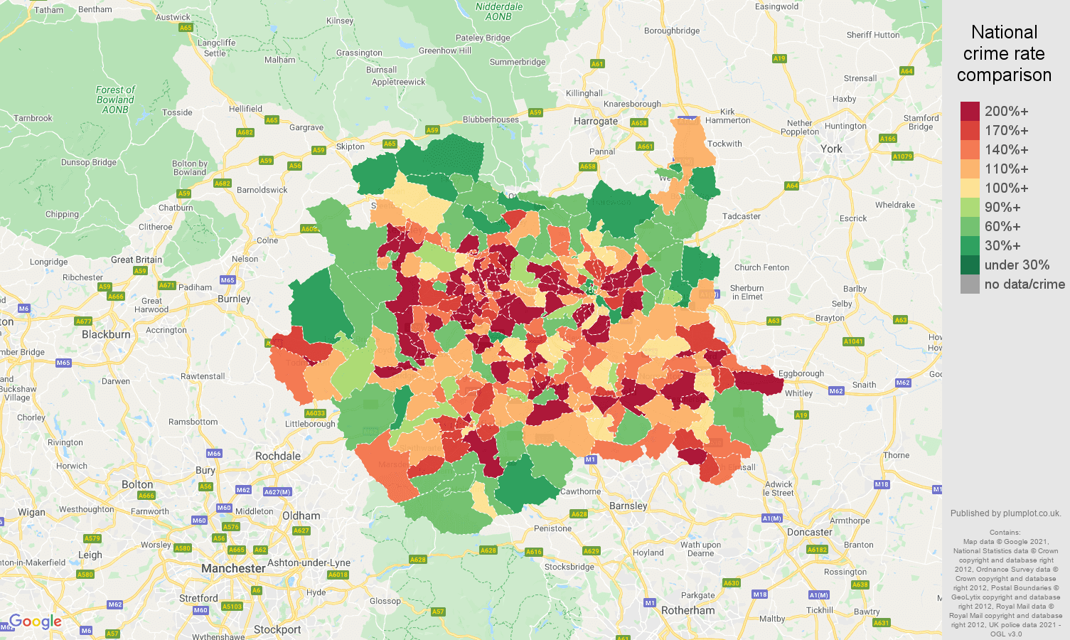 West Yorkshire violent crime rate comparison map