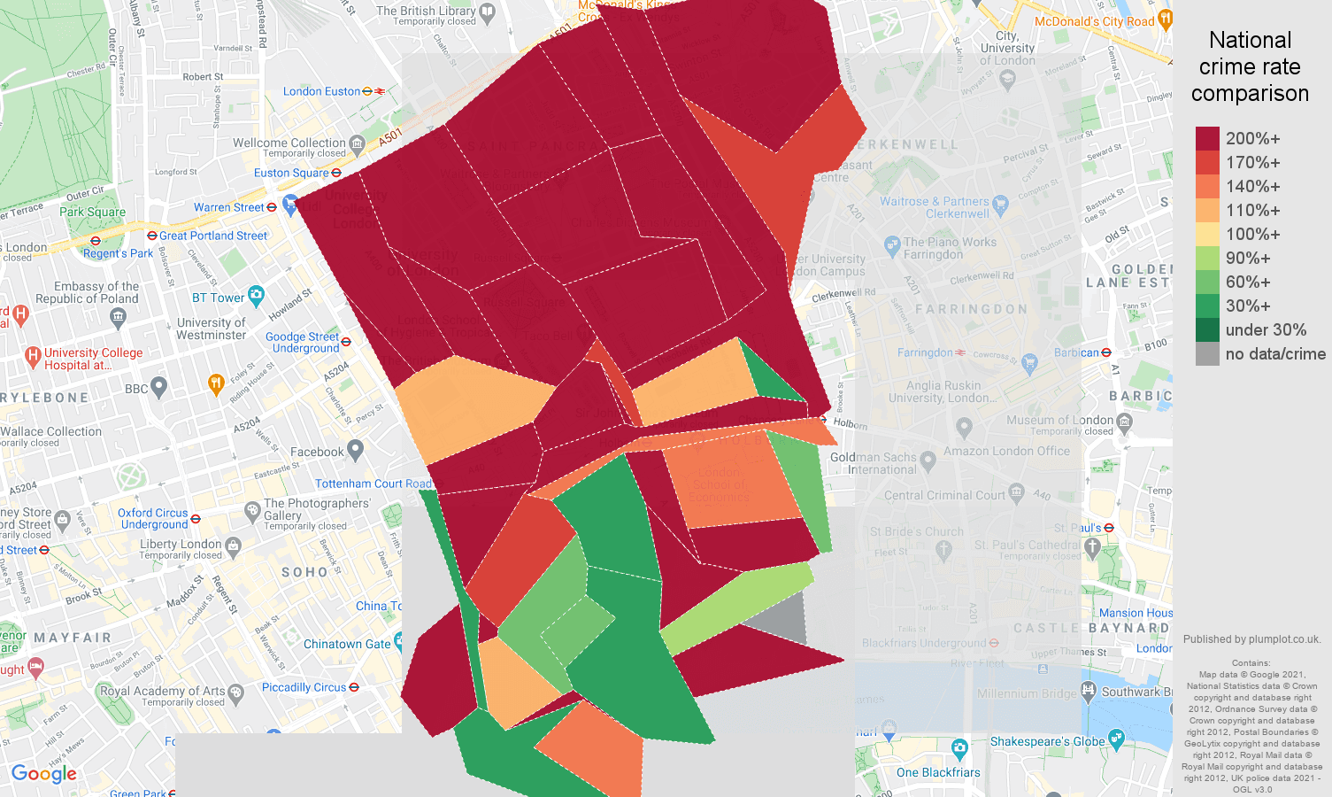 Western Central London bicycle theft crime rate comparison map