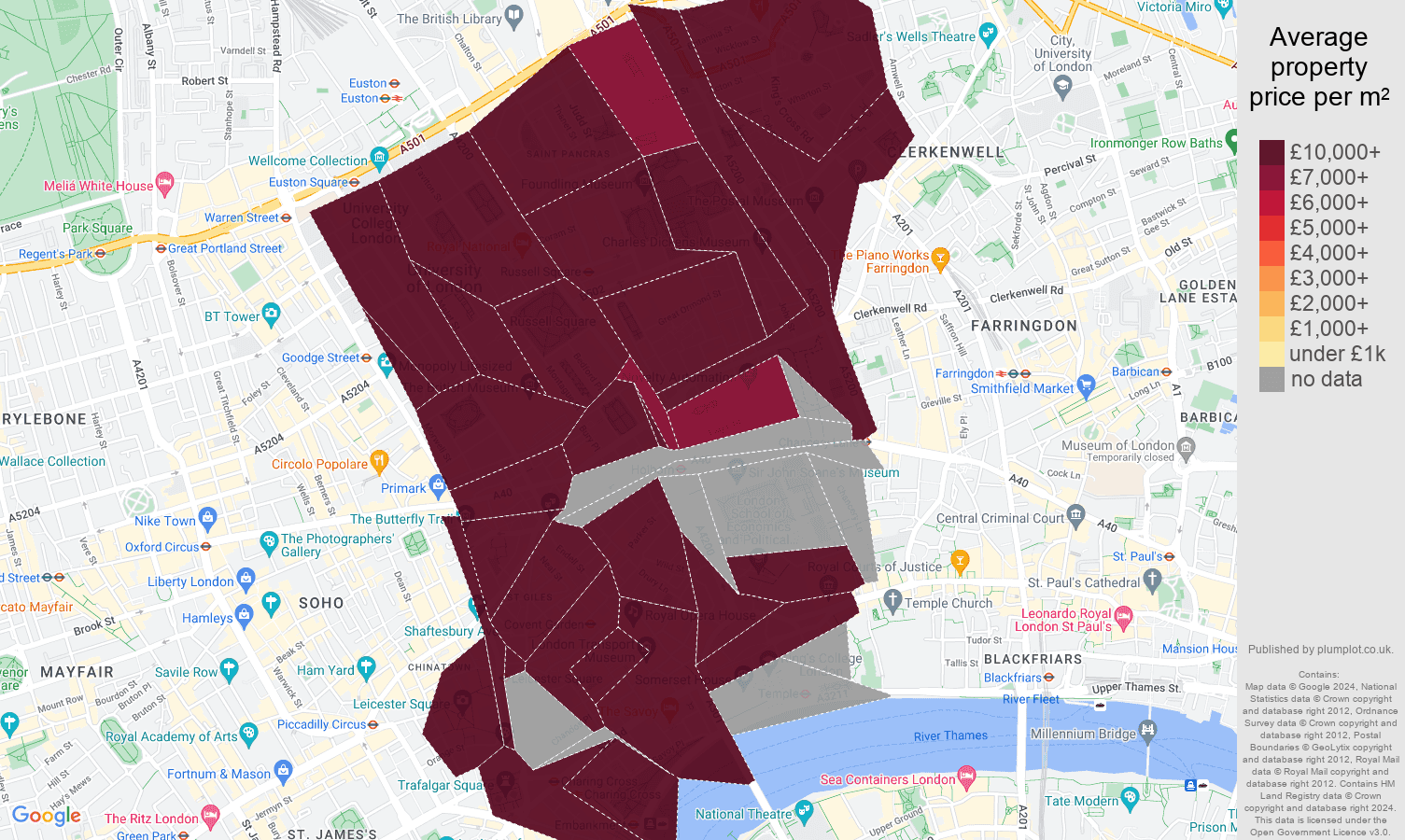 Western Central London house prices per square metre map