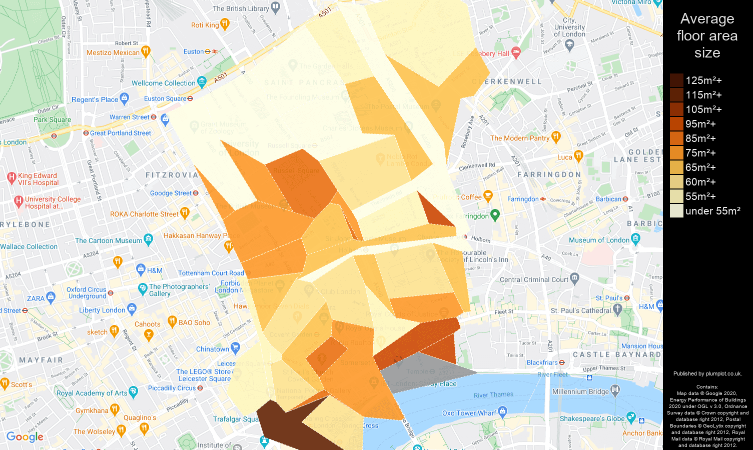 Western Central London map of average floor area size of flats