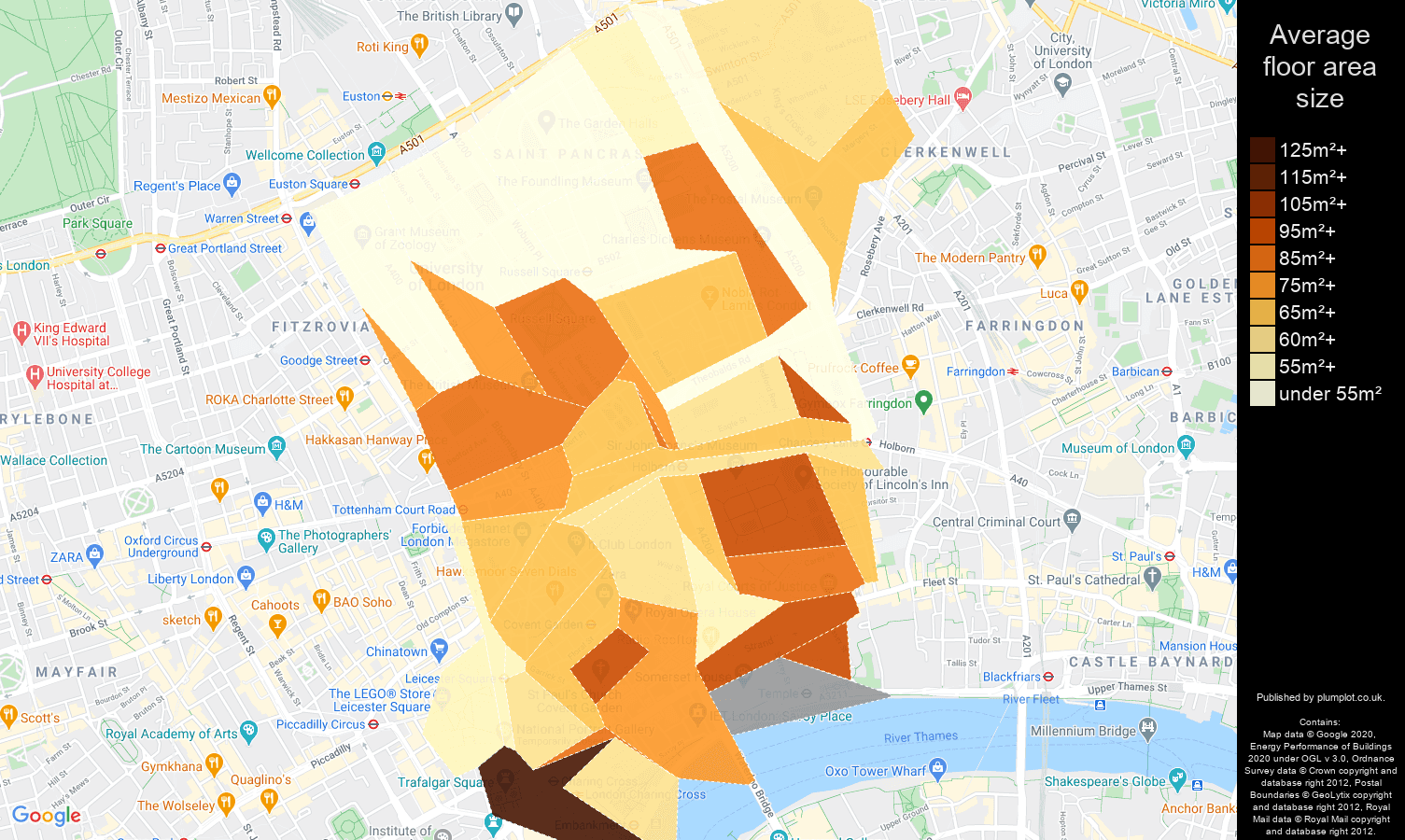 Western Central London map of average floor area size of properties