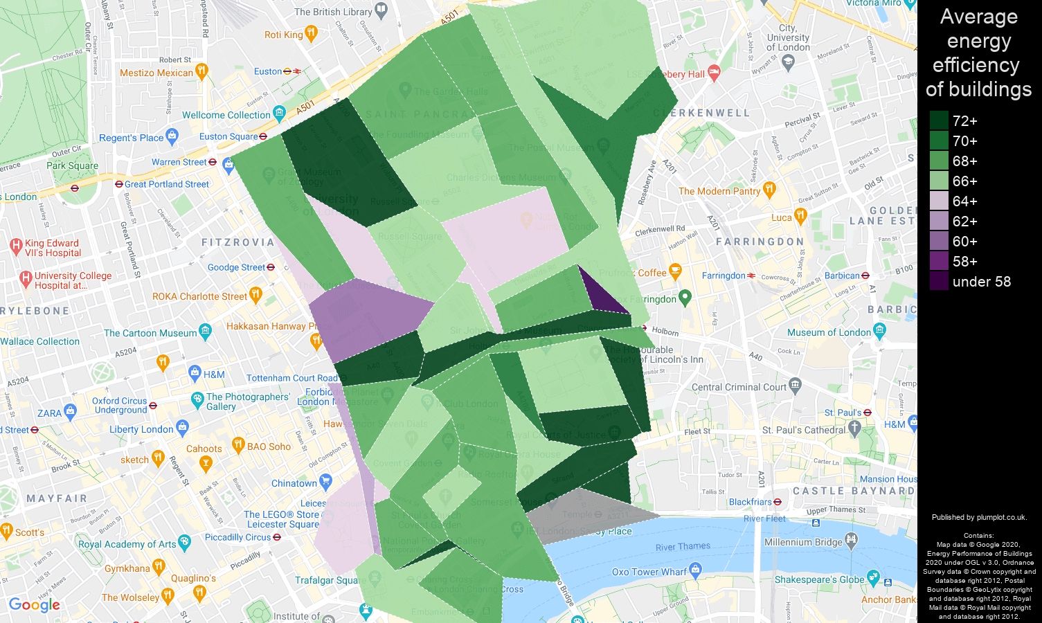 Western Central London map of energy efficiency of properties