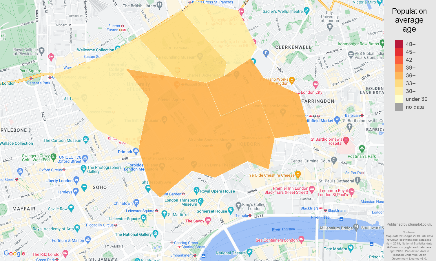 Western Central London population average age map