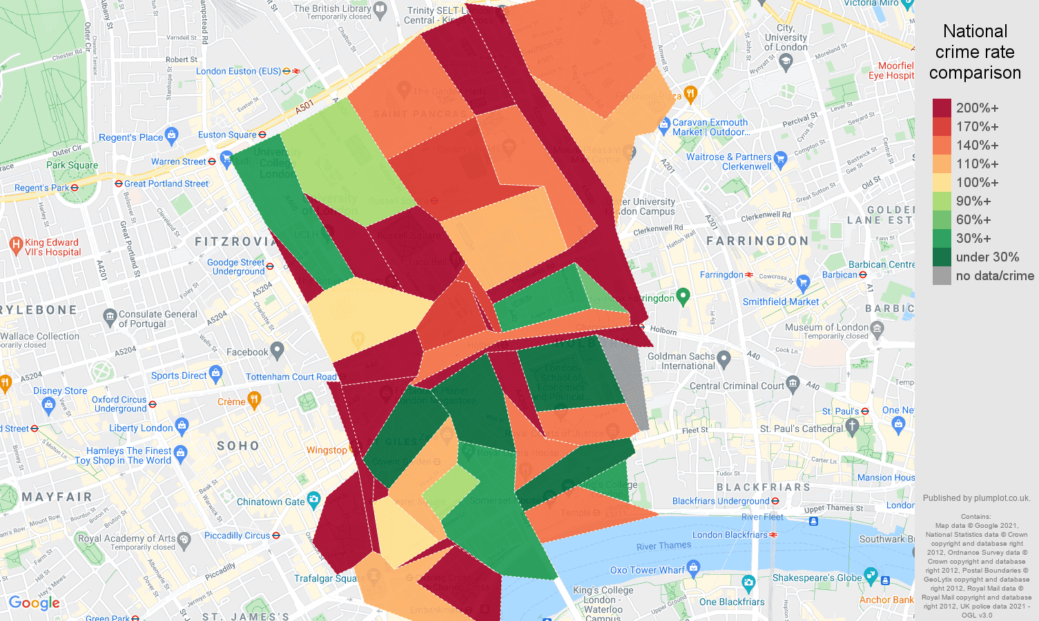 Western Central London robbery crime rate comparison map