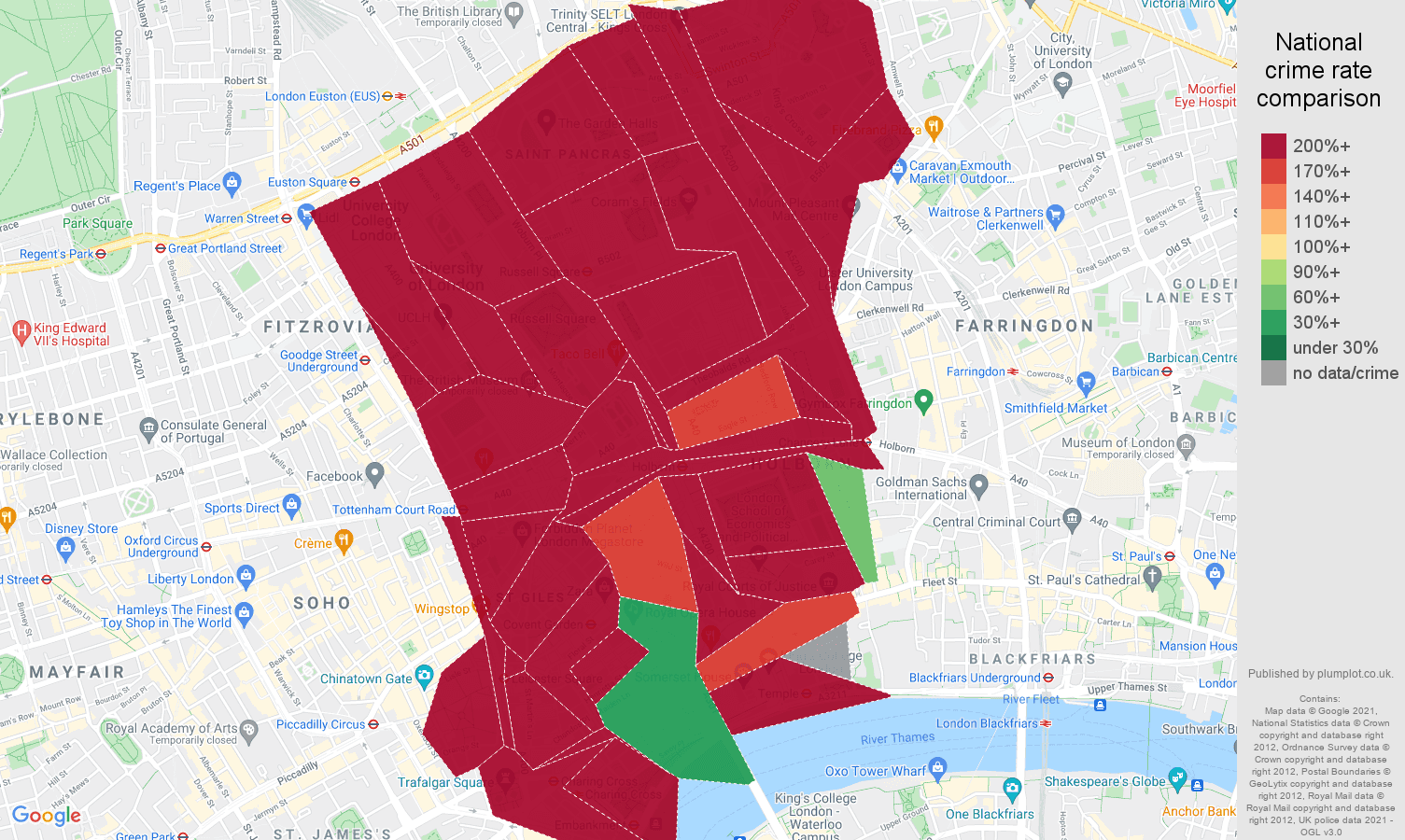 Western Central London theft from the person crime rate comparison map