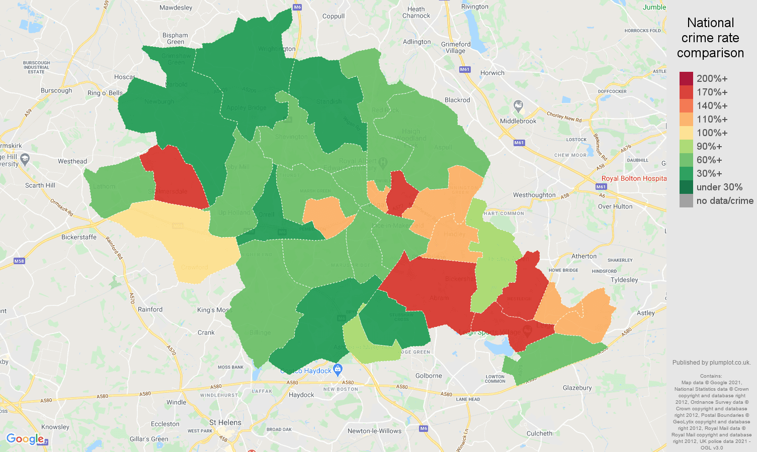 Wigan antisocial behaviour crime rate comparison map