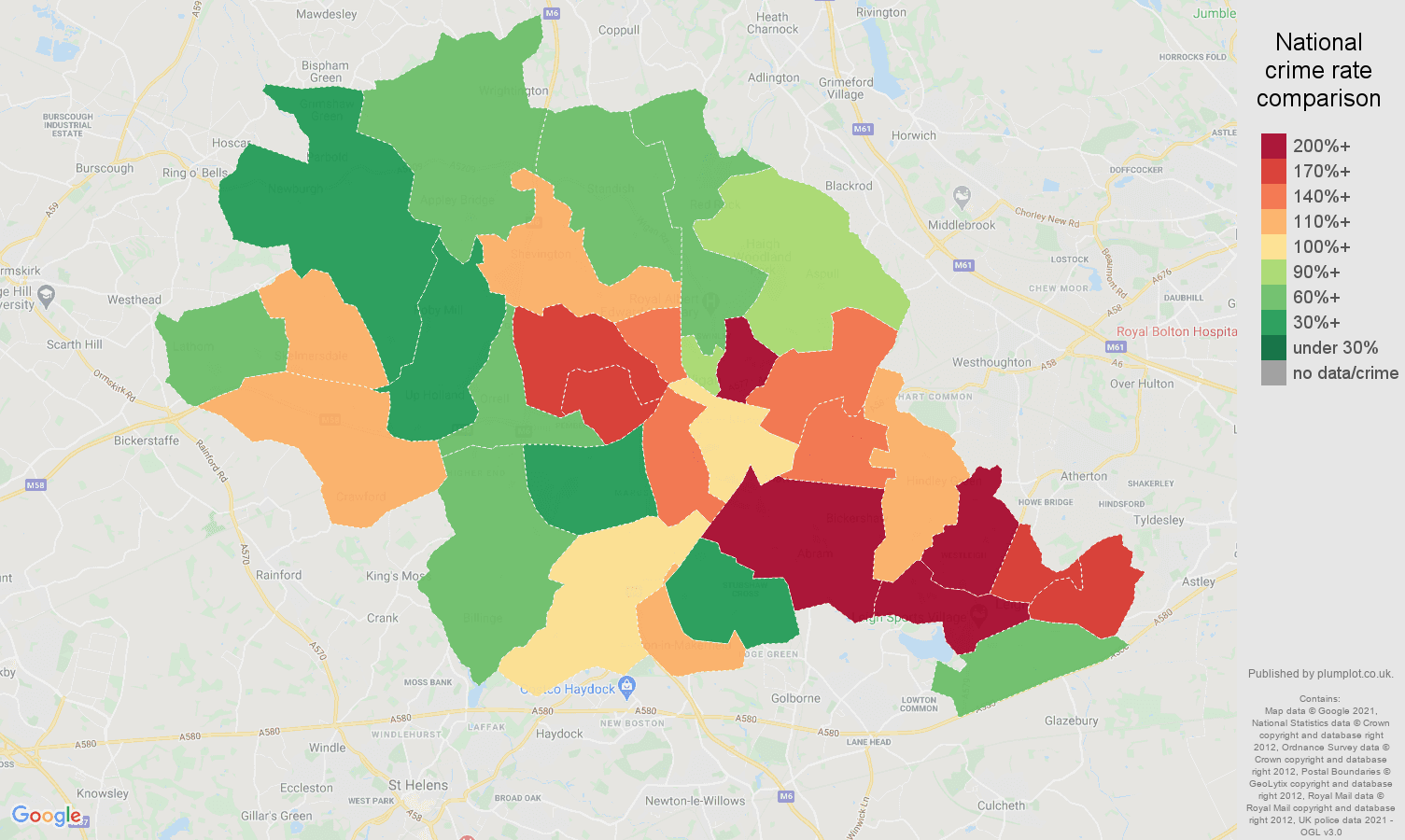 Wigan criminal damage and arson crime rate comparison map