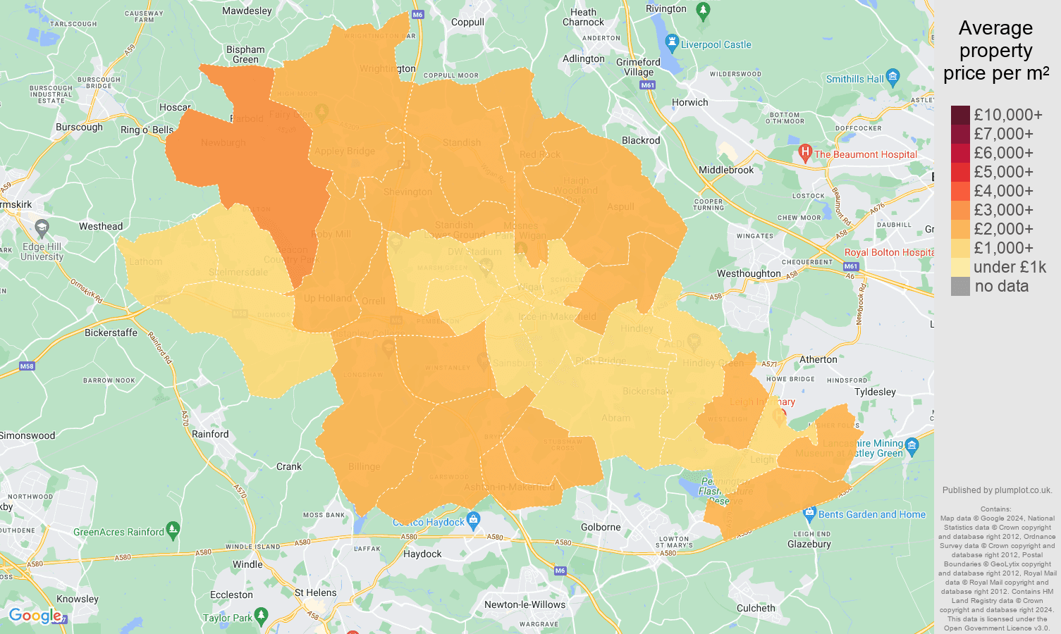 Wigan house prices per square metre map