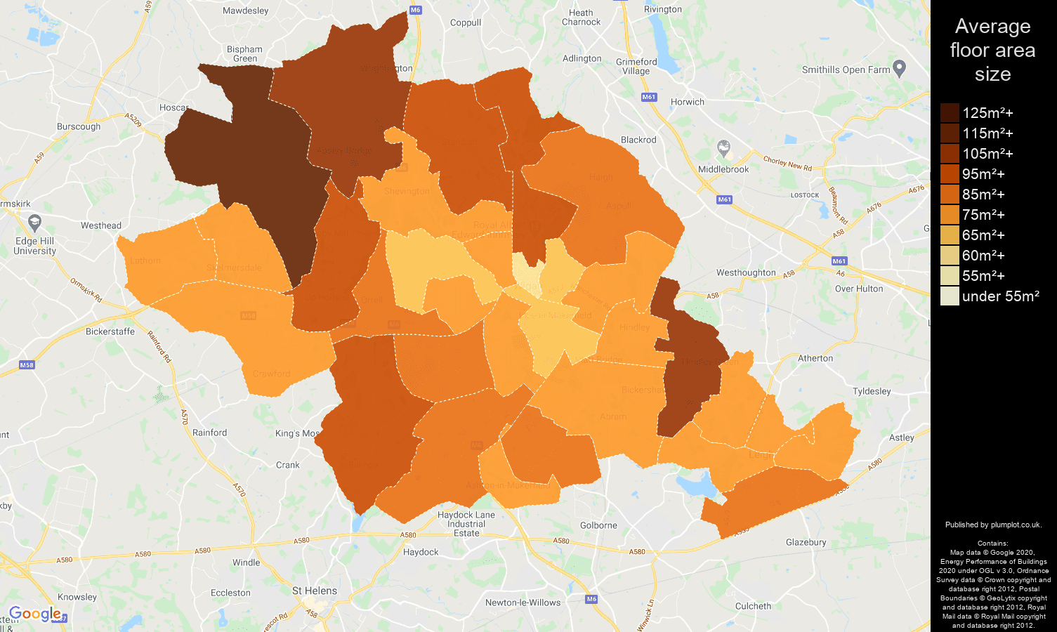 Wigan map of average floor area size of properties