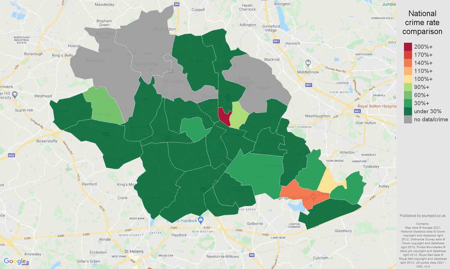 Wigan theft from the person crime rate comparison map