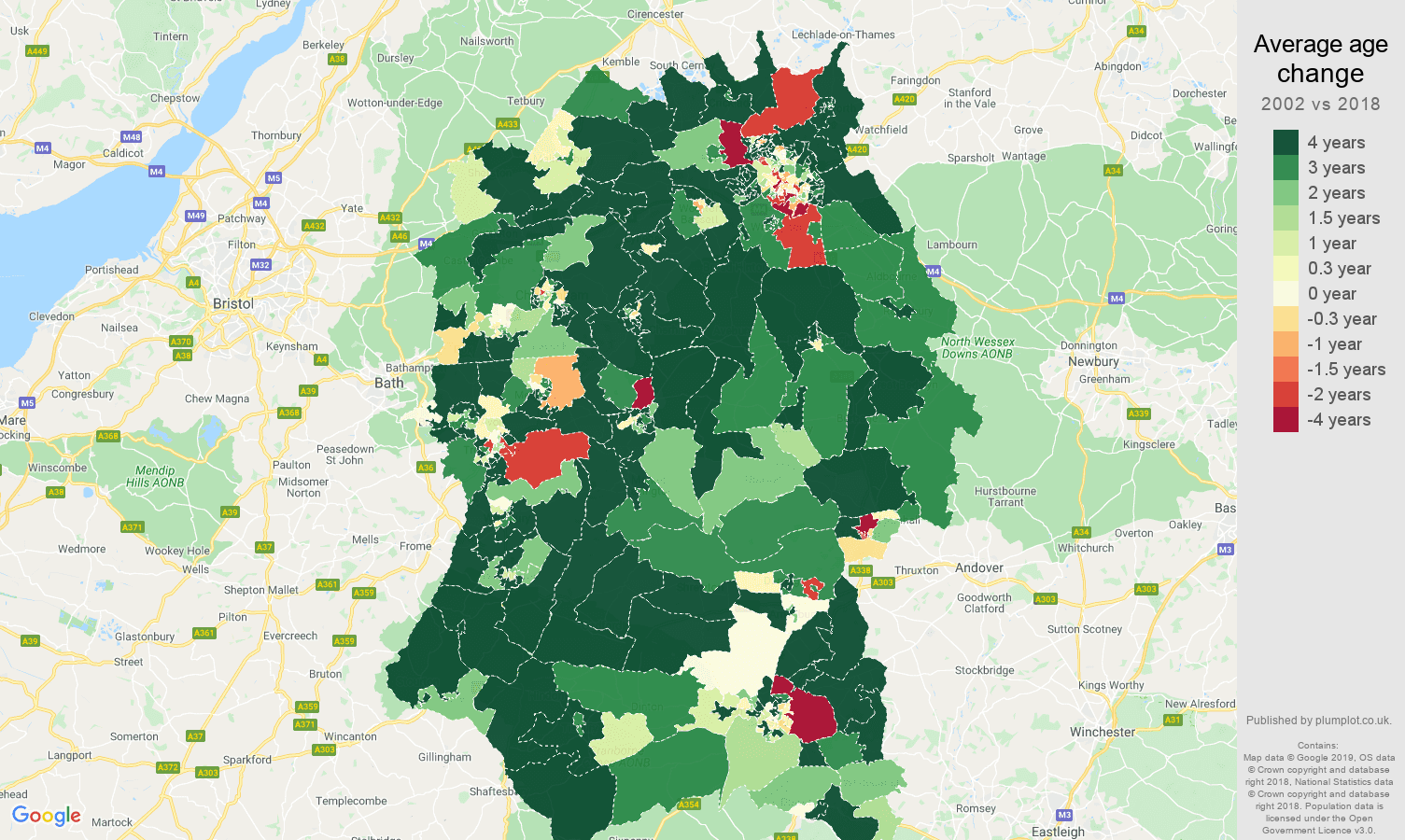Wiltshire average age change map
