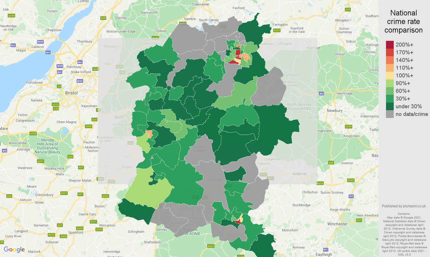Wiltshire bicycle theft crime rate comparison map